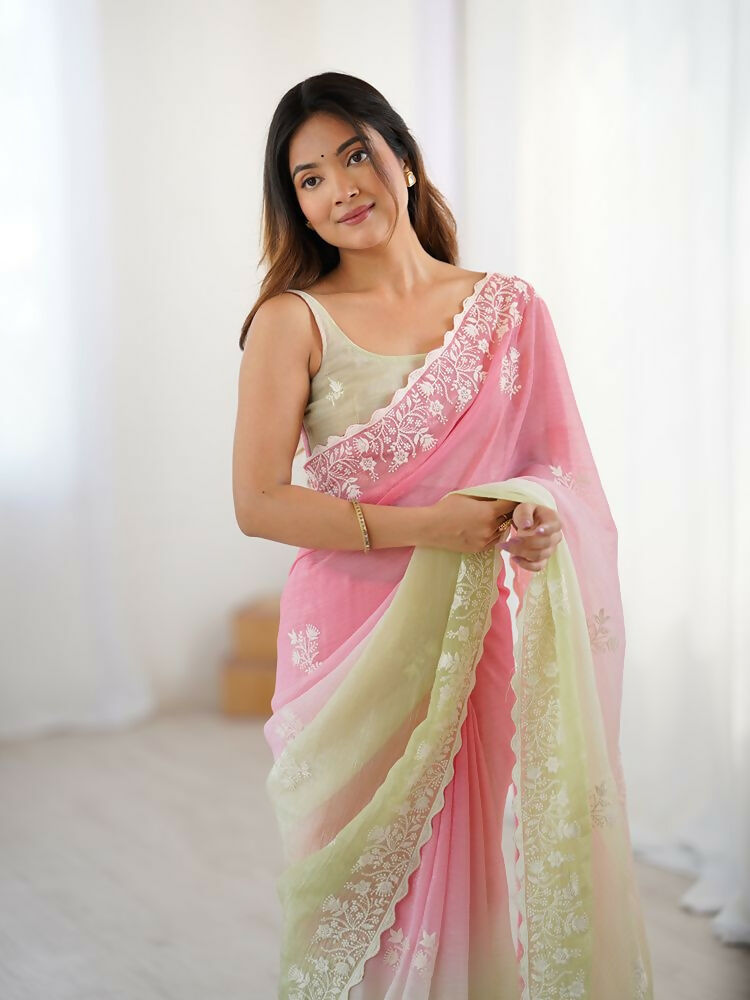 Pink Crunchy Silk Embroidery WorkParty Wear Saree - Lakshita | Grocsy