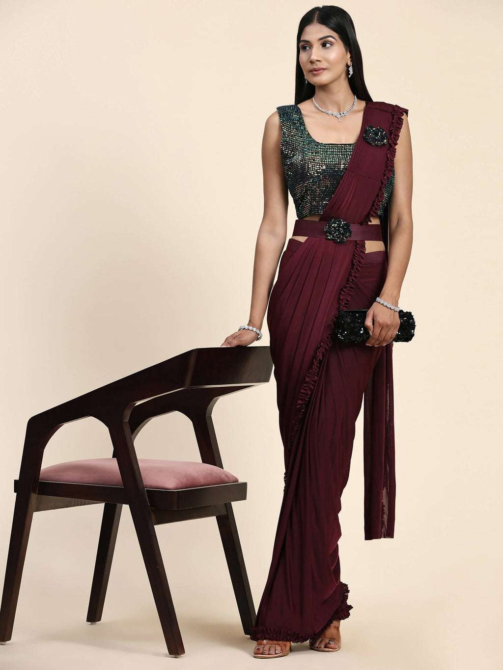 Maroon Imported Fabric Plain Ready to wear Saree with stitched Blouse - Vrinda | Grocsy