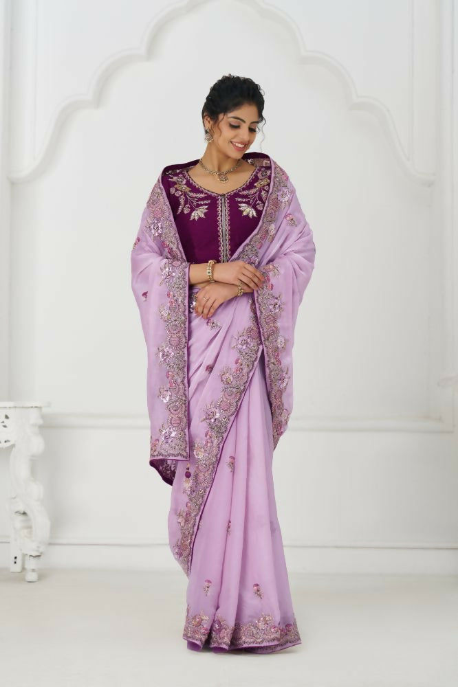 Kesar Fab Mauve Color In Zari & Sequin Work On Luxurious Fendi Fabric Saree | Grocsy
