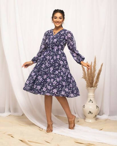 FIORRA Women's Blue Georgette Floral Printed Western Dress | Grocsy