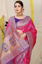 Jyoti Fashion Women's Rani Pink Patola Silk Zari Woven Saree with Blouse | Grocsy