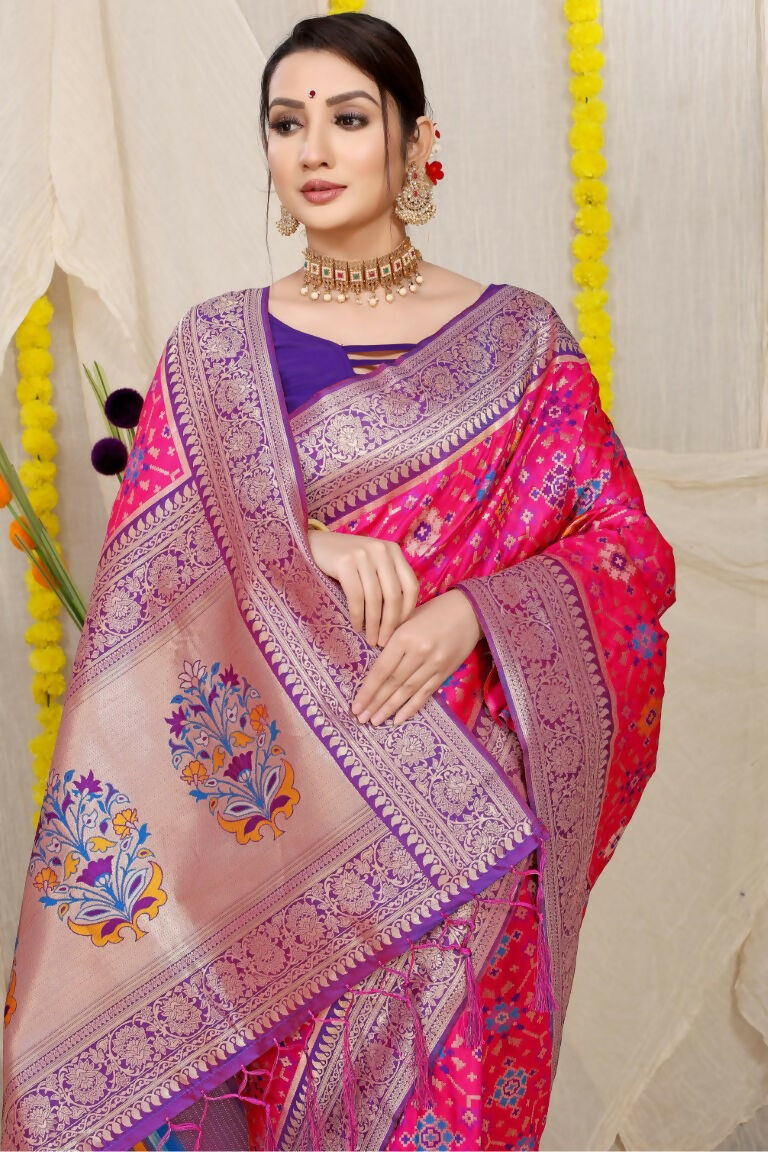 Jyoti Fashion Women's Rani Pink Patola Silk Zari Woven Saree with Blouse | Grocsy