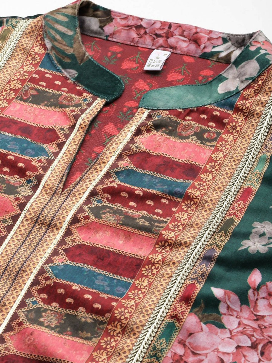 Ahalyaa Women Floral Printed Gotta Patti Velvet Kurta - Green Color | Grocsy