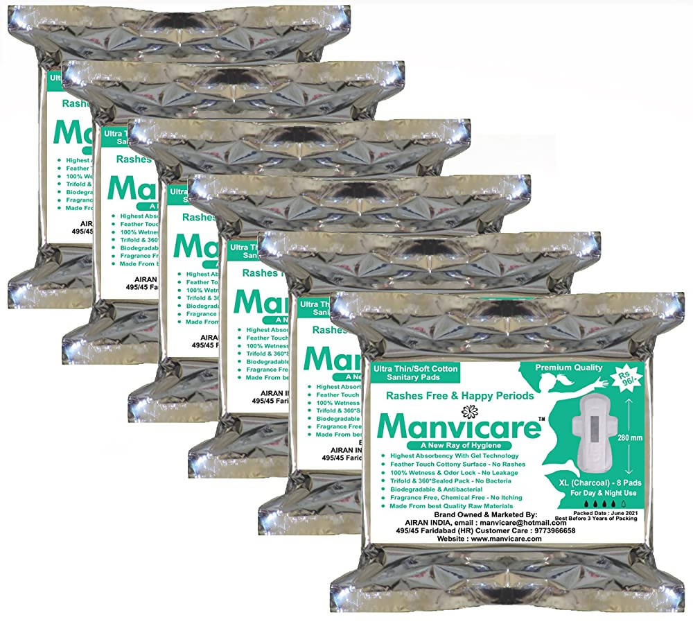 Manvicare Biodegradable Charcoal Anion Cotton Sanitary Pads | Grocsy