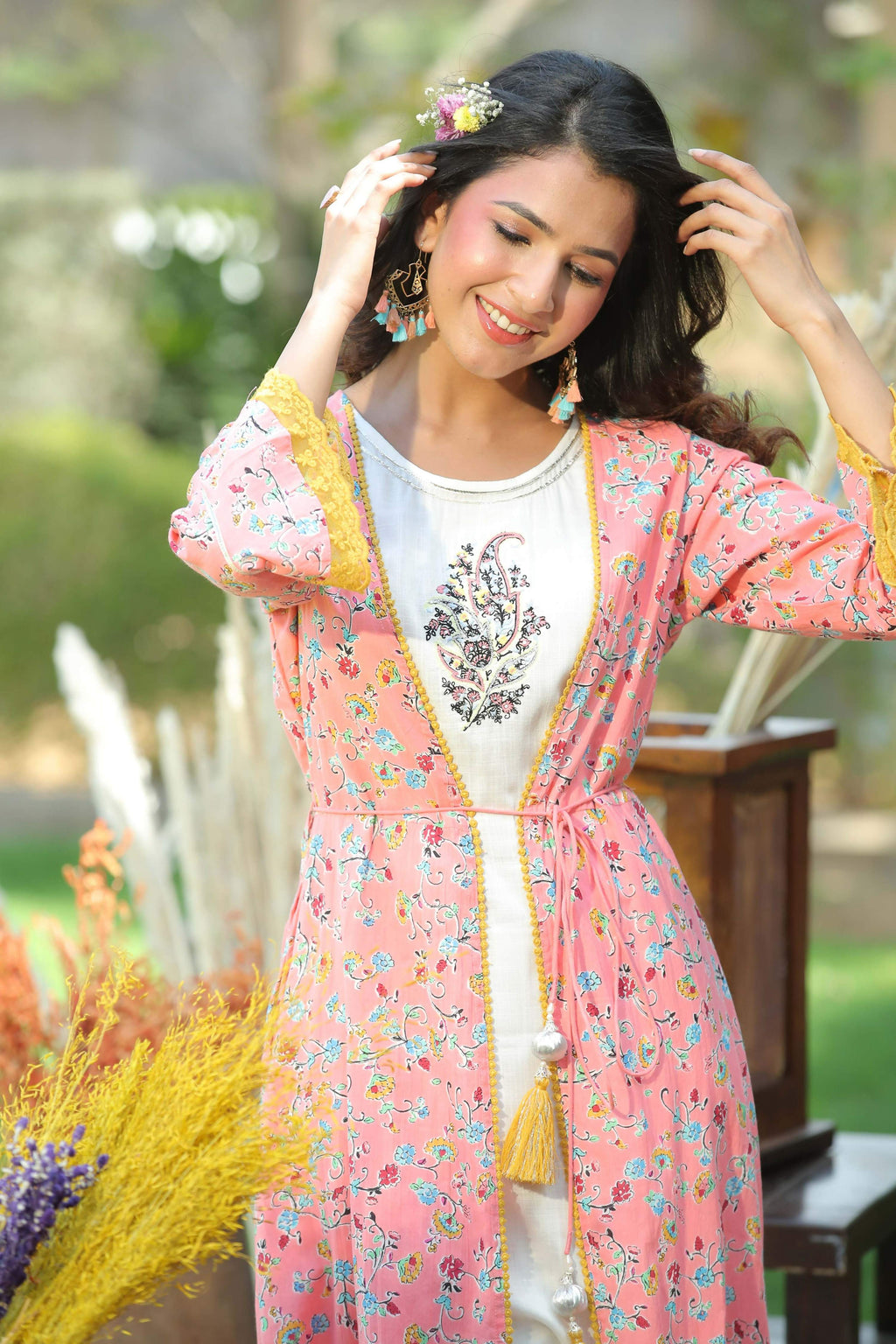 Juniper Coral Floral Printed Cotton Lacy Jacket Style Kurta With Thread Work & Dori At Waist | Grocsy