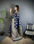 Joban Fashion Navy Blue Ethnic Floral Motifs Soft Lichi Silk Banarasi Saree | Grocsy