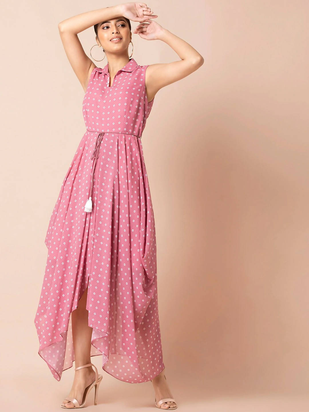 Indya Pink & White Bandhani Printed Maxi Dress | Grocsy