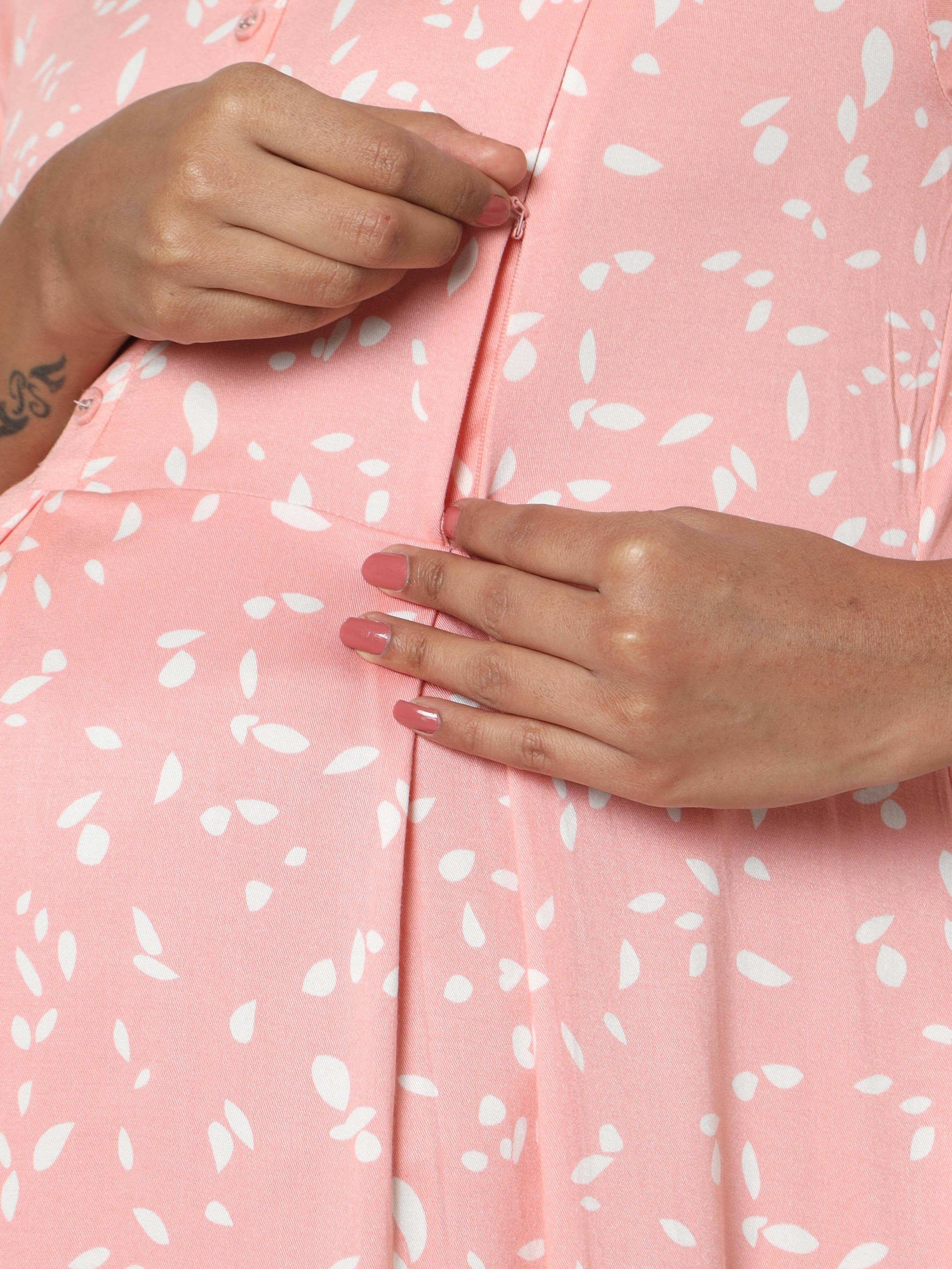 Manet Three Fourth Maternity Dress White Dot Print With Concealed Zipper Nursing Access - Pink | Grocsy