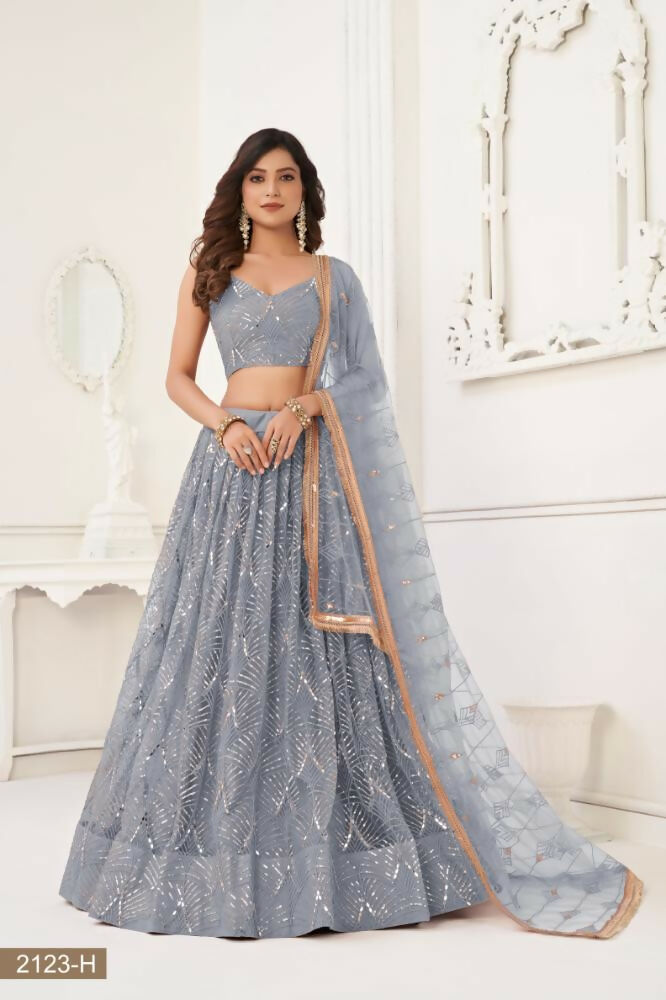 Aastha Fashion Light Gray Butterfly Net Tone To Tone Thread Work, Sequence Work And Original Mirror Work Embroidery Wedding Wear Lehenga Choli | Grocsy