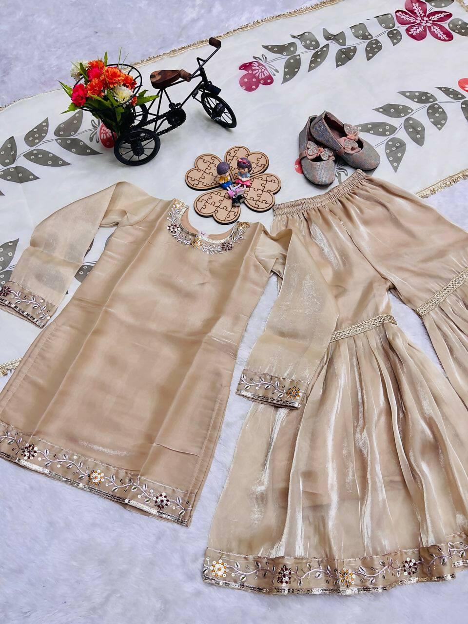 Teeya Creation New Kids Wedding Wear Heavy Embroidery Sequence Work Kurta Sharara Set-Beige | Grocsy