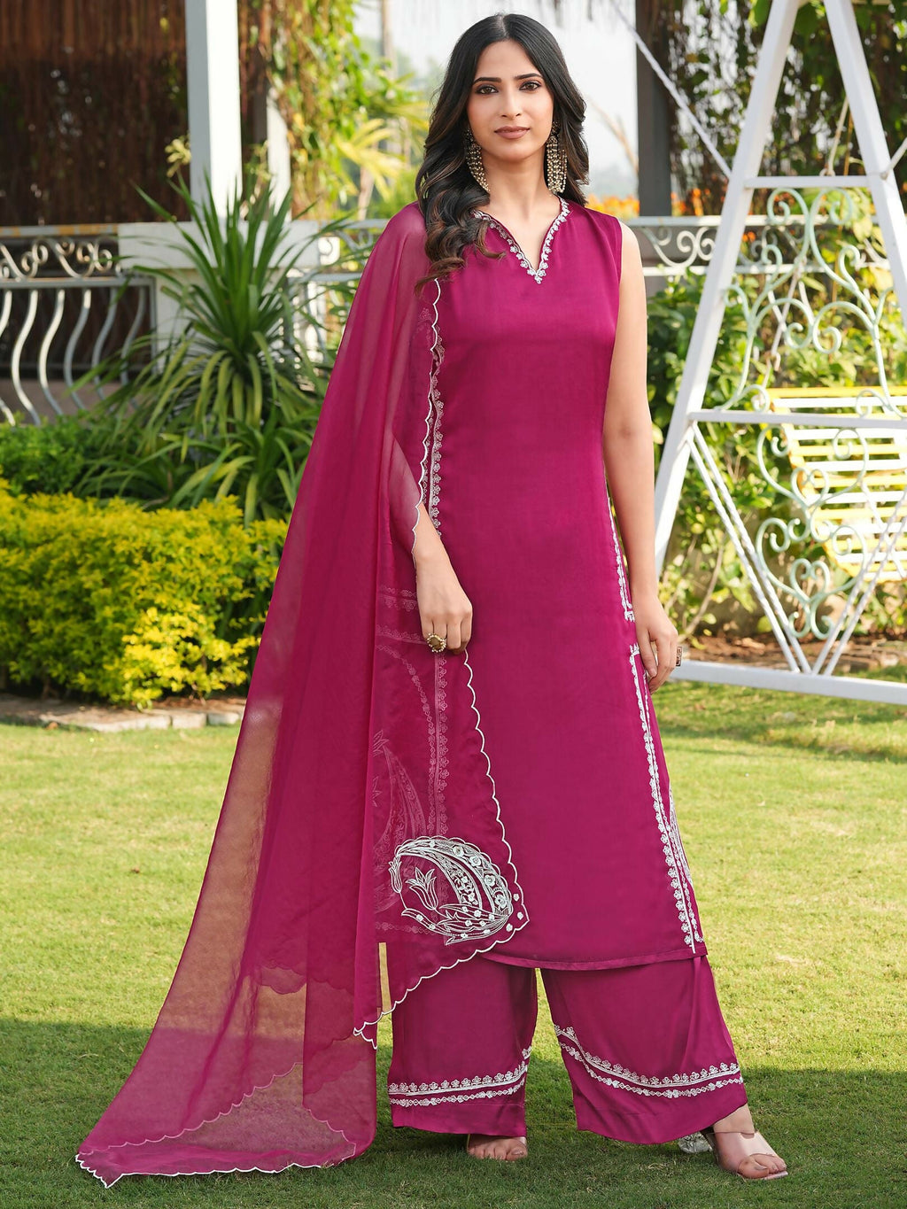 Nikhaar Pink Embroidered Modal Silk Stitched Straight Cut Kurta Culottes Dupatta Readymade Suit | Grocsy