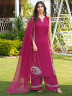 Nikhaar Pink Embroidered Modal Silk Stitched Straight Cut Kurta Culottes Dupatta Readymade Suit | Grocsy