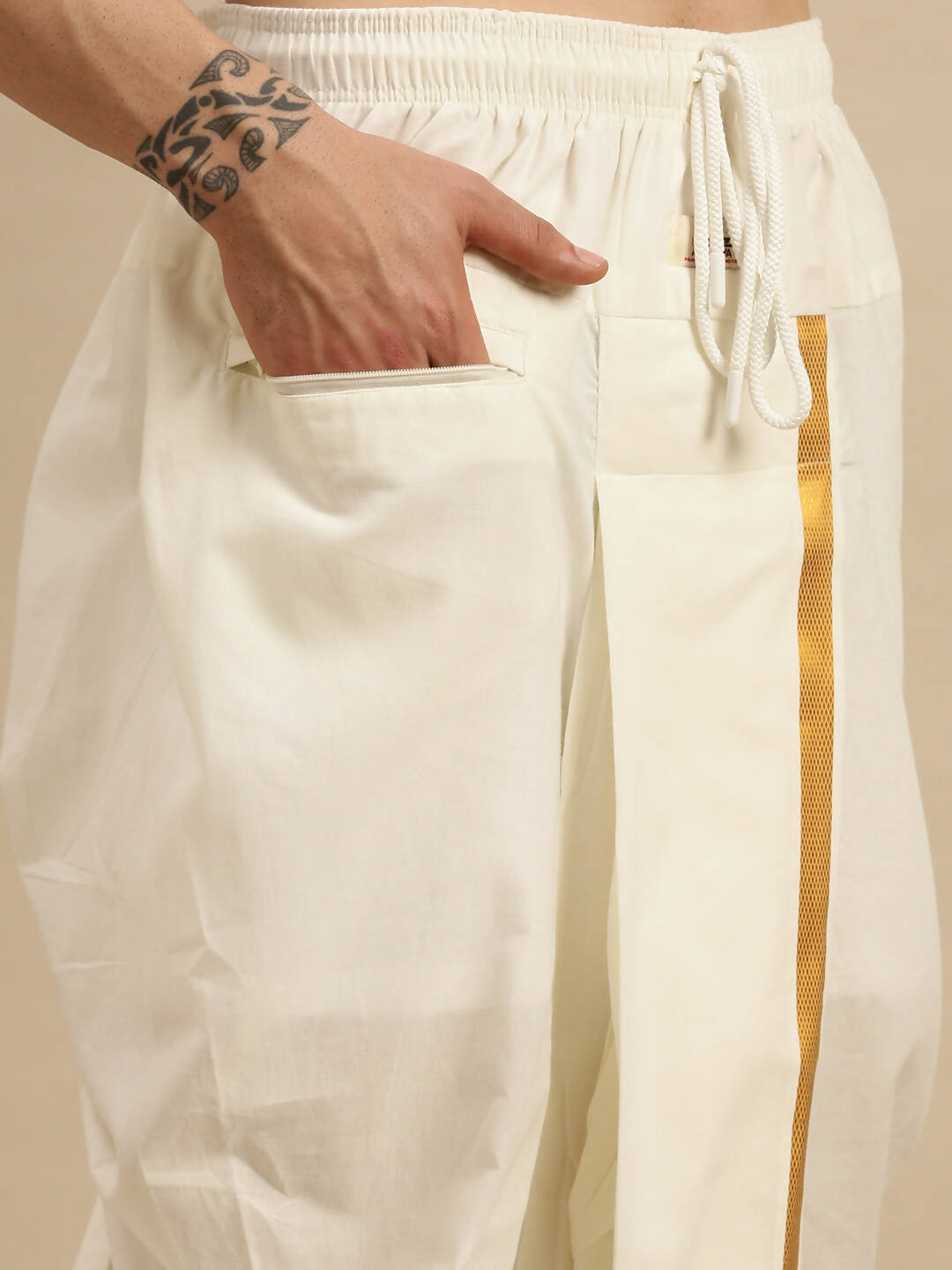 Ramraj Cotton Premium Wedding Cream Readymade Panchakacham,Kurta & Towel Set RP Jari | Grocsy