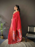 Joban Fashion Red Jacquard Butti Soft Lichi Silk Paithani Saree | Grocsy