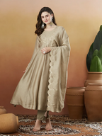 The52 Chiku Women's Beautiful Vichitra Silk Fabric Embroidered Work Flared Anarkali Pant and Dupatta Set | Grocsy