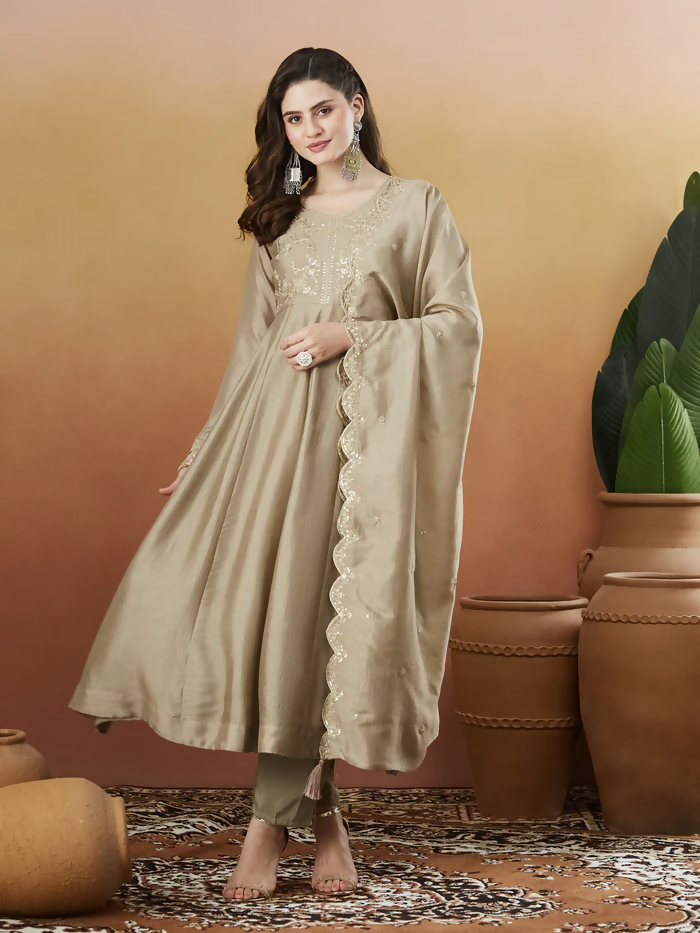 The52 Chiku Women's Beautiful Vichitra Silk Fabric Embroidered Work Flared Anarkali Pant and Dupatta Set | Grocsy