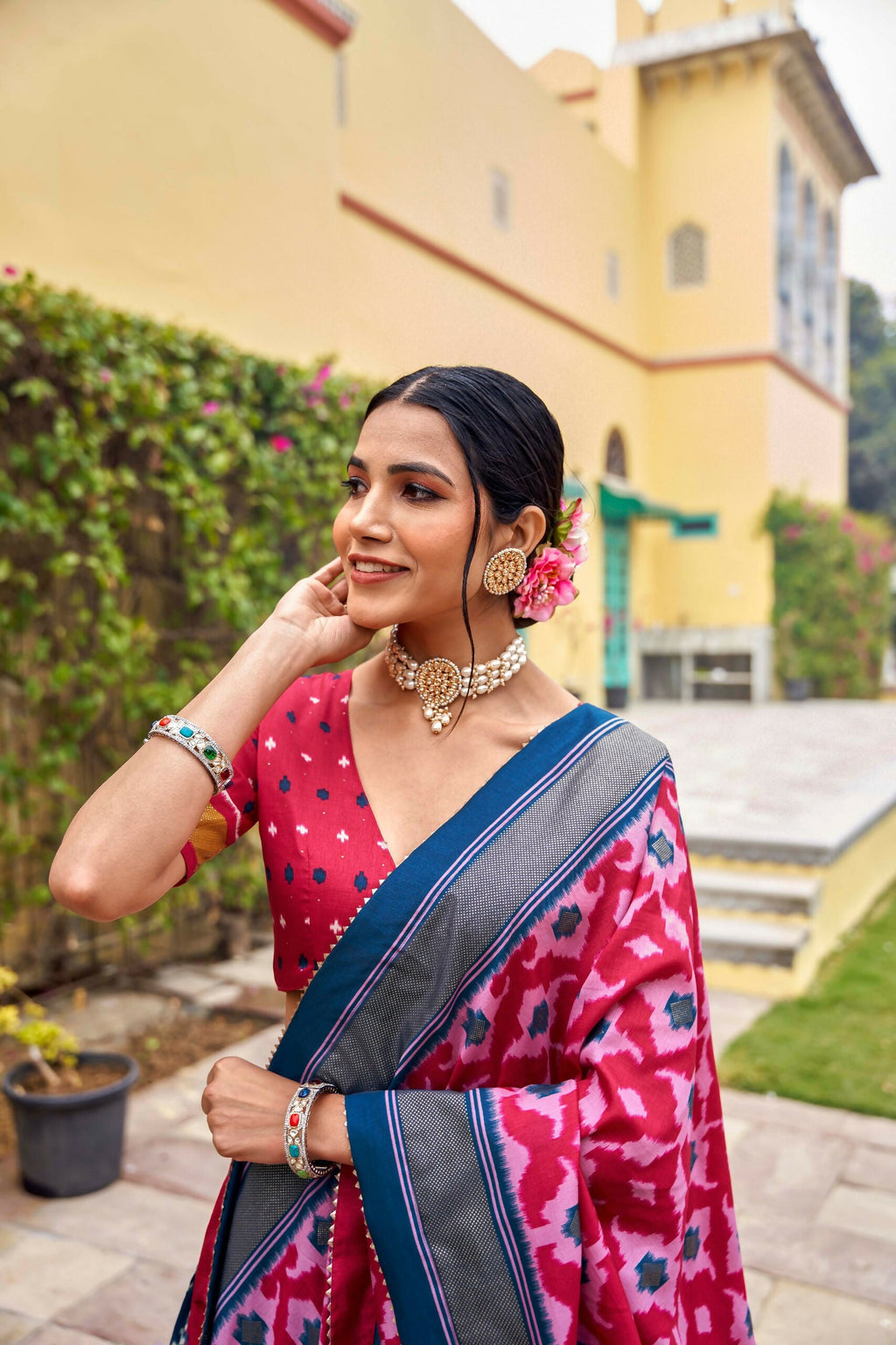 Vastranavya Printed and Foil Work Tussar Silk Lehenga with Unstitched Blouse - Blue | Grocsy