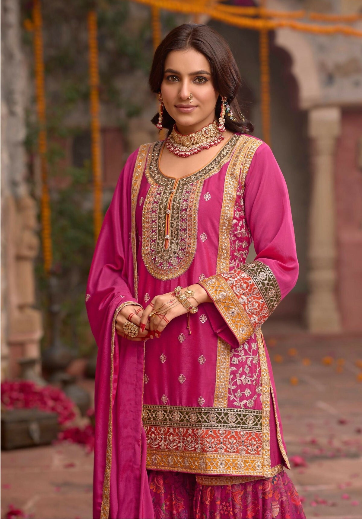 Anaita Rani-Pink Chinon Readymade Palazzo Suit with Codding Dori & Sequence Work | Grocsy