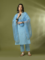 Myshka Women's Blue Printed Cotton Straight Party Kurta Set With Dupatta | Grocsy