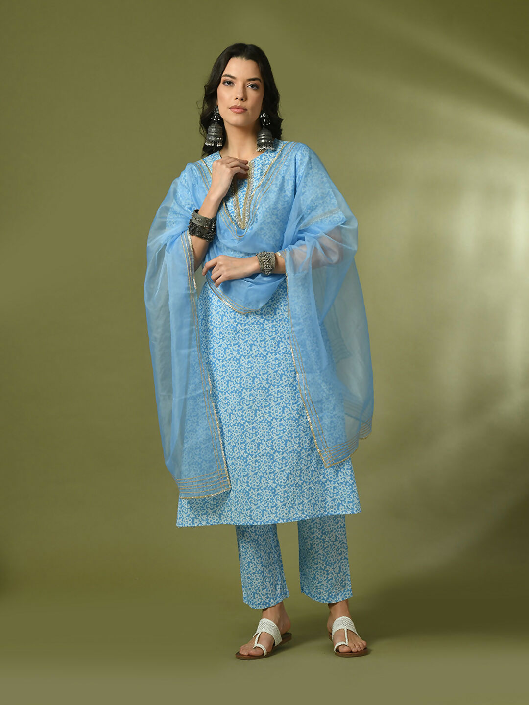 Myshka Women's Blue Printed Cotton Straight Party Kurta Set With Dupatta | Grocsy