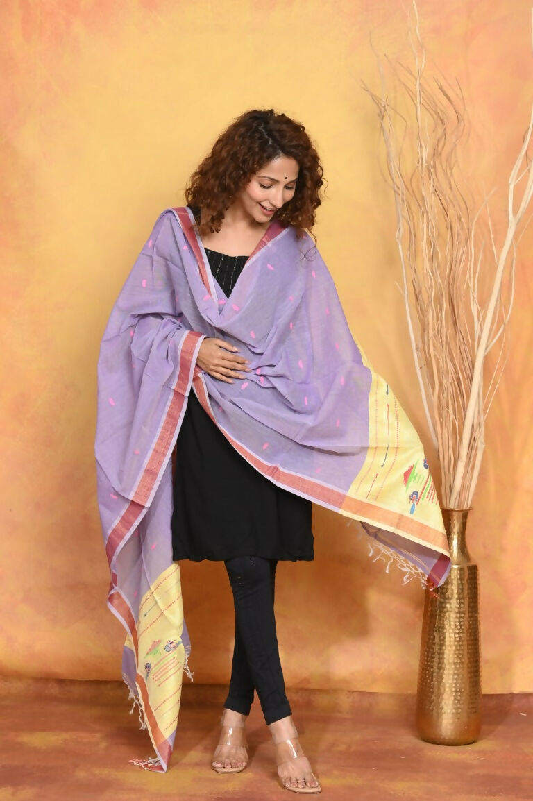 Very Much Indian Handloom Pure Cotton Paithani Dupatta - Lavender | Grocsy