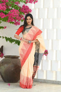 Beatitude Cream Temple Border Cotton Saree | Grocsy