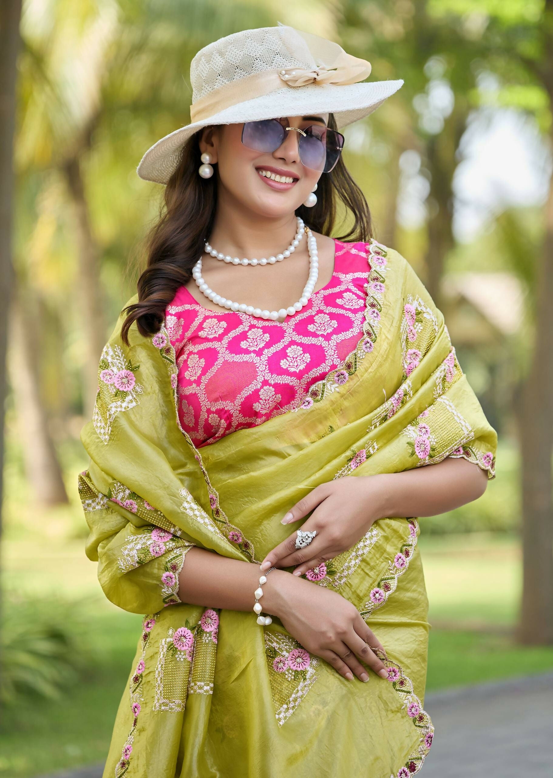 Teeya Creation Olive Color Pure Paper Silk Heavy Embroidery Work Wedding Wear Saree | Grocsy