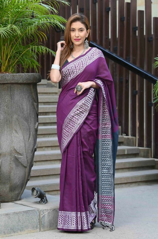 Beatitude Purple Cotton Jacqaurd Border Tangail Handloom Saree | Grocsy