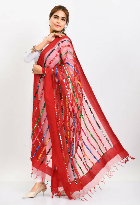 Mominos Fashion Moeza Women's Orgenza Multi Thread Mirror Work Red Dupatta | Grocsy