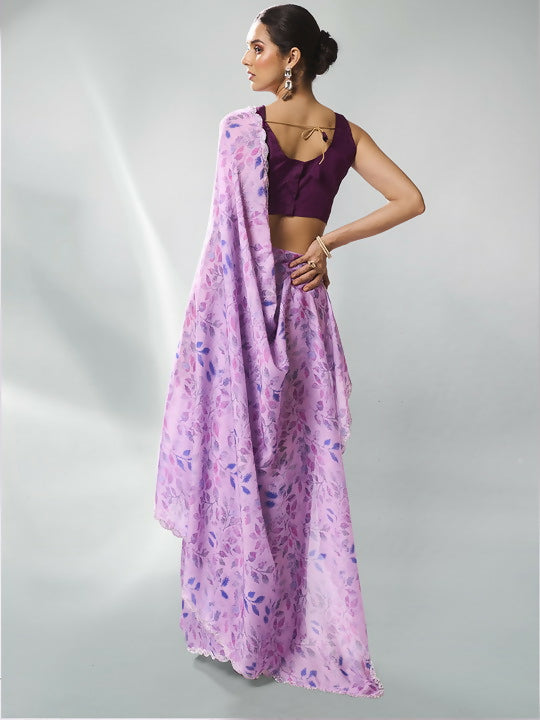 Lavender Satin Georgette Designer Printed Saree - Shezlin | Grocsy