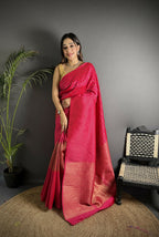 Joban Fashion Hot Pink Banarasi Soft Lichi Silk Checks & Woven Saree | Grocsy