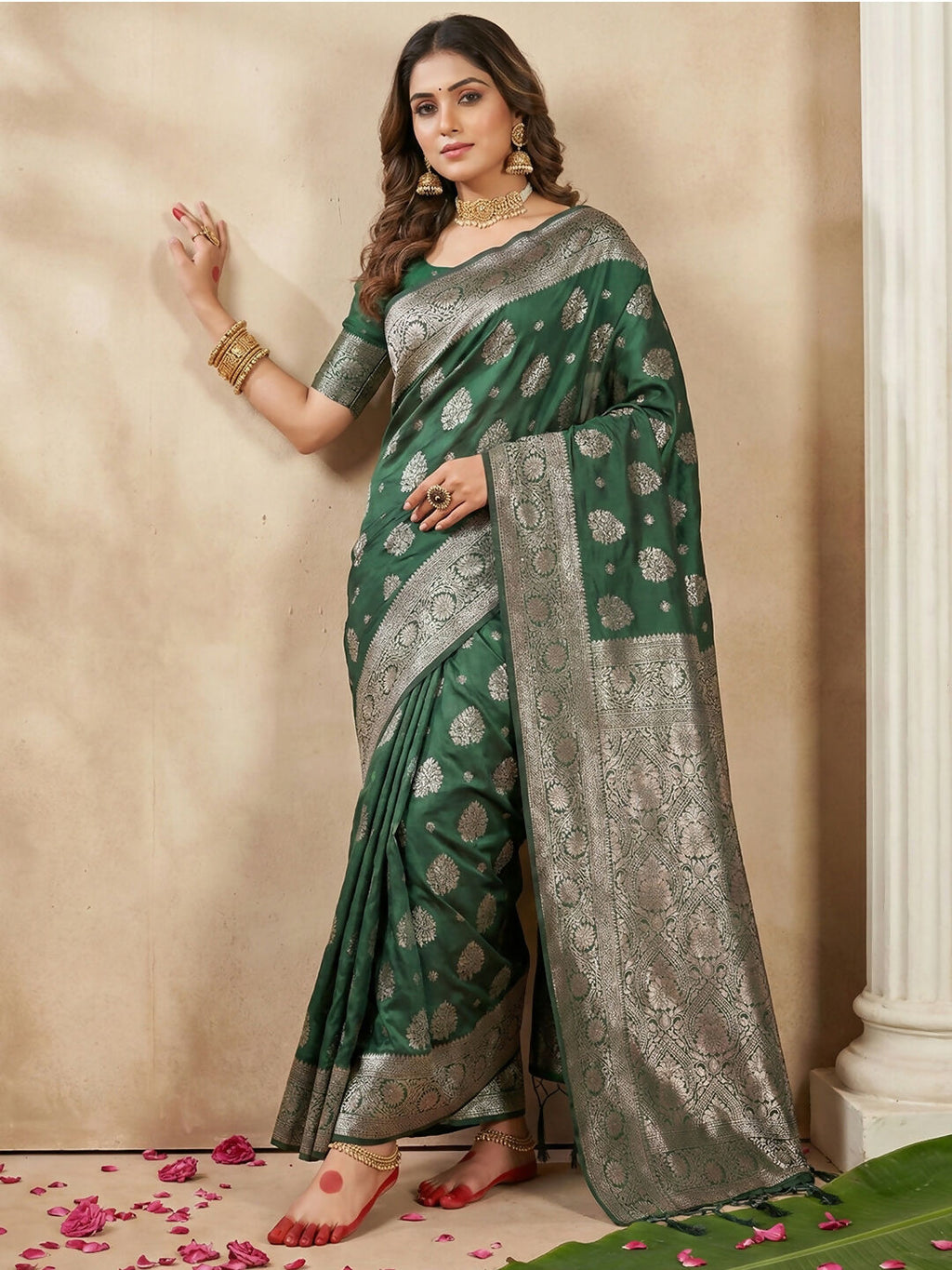 Shree Shyam Fashion Dark Green Silk Blend Saree | Grocsy