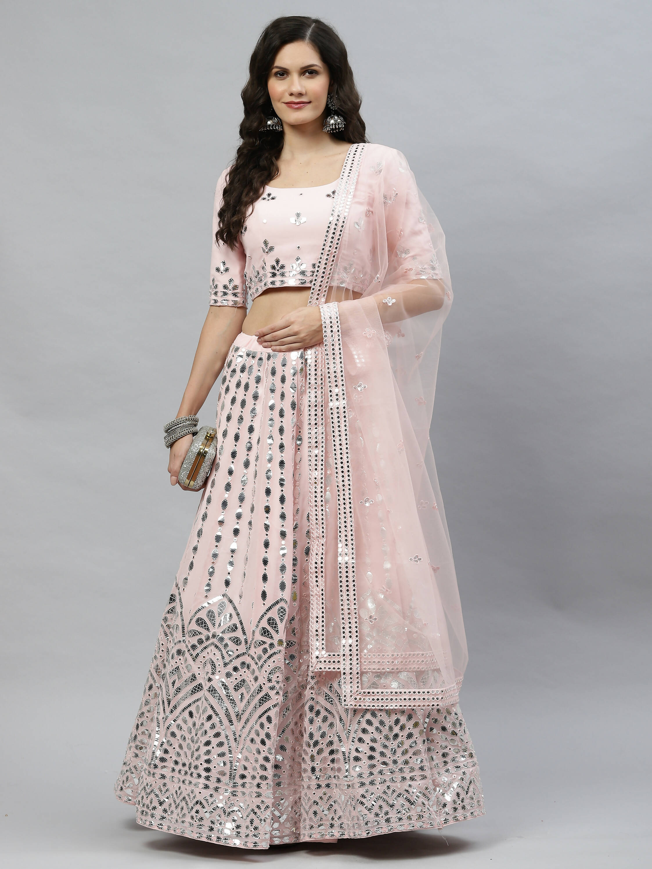 Pink Georgette Paper Mirror Embroidery Work Lehenga Choli with Dupatta - Jivika | Grocsy