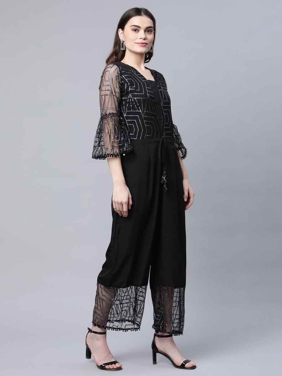 Ahalyaa Womens Crepe & Net Black Printed Jumpsuit | Grocsy