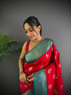 Joban Fashion Banarasi Red Woven Butti Soft Silk Saree | Grocsy