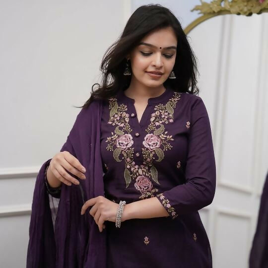 The52 Women's Beautiful Rayon Slub Fabric Embroidery Work Straight Kurta Pant and Dupatta Set | Grocsy