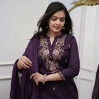 The52 Women's Beautiful Rayon Slub Fabric Embroidery Work Straight Kurta Pant and Dupatta Set | Grocsy