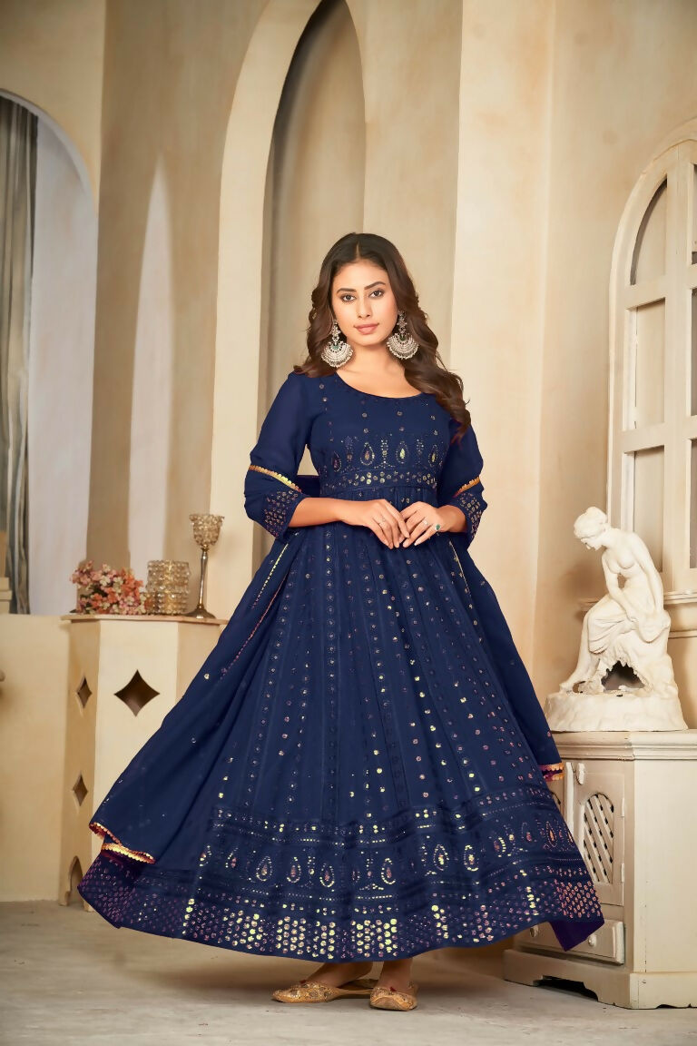 Jyoti Fashion Women's Blue Georgette Embroidered Anarkali Kurta Pant Set With Dupatta | Grocsy