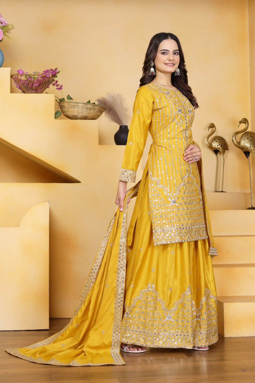 Joban Fashion Yellow Crepe Embroidered Sharara Set | Grocsy