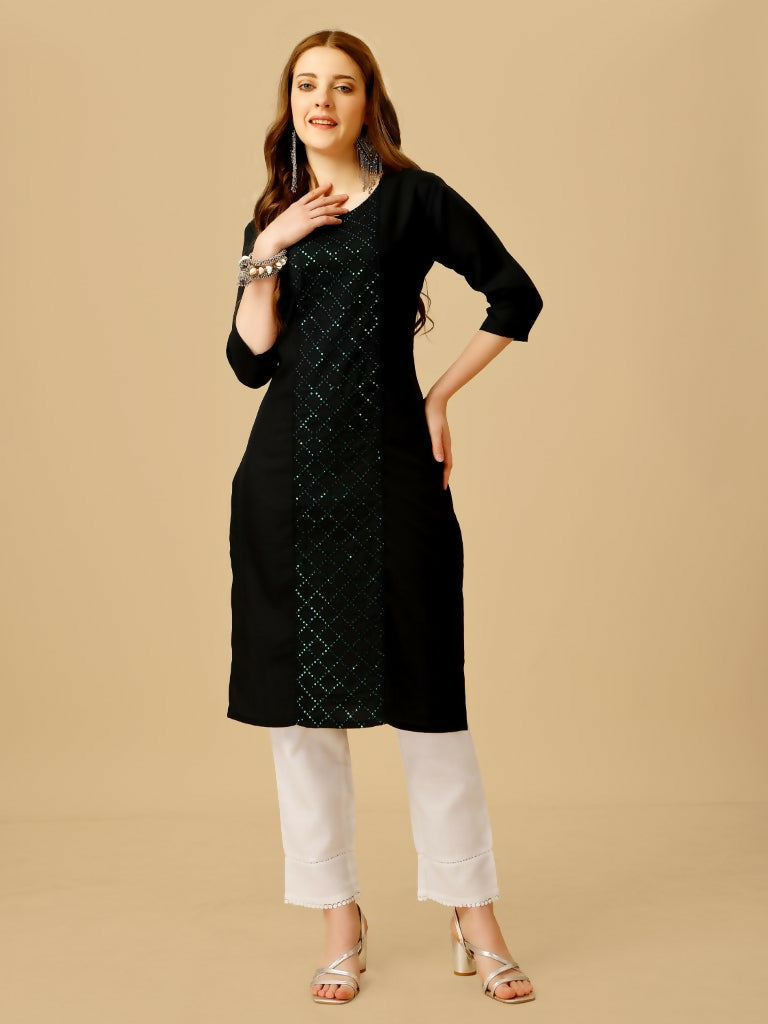 Jyoti Fashion Women's Black Cotton Blend Embroidered Kurta Pant Set | Grocsy