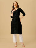 Jyoti Fashion Women's Black Cotton Blend Embroidered Kurta Pant Set | Grocsy