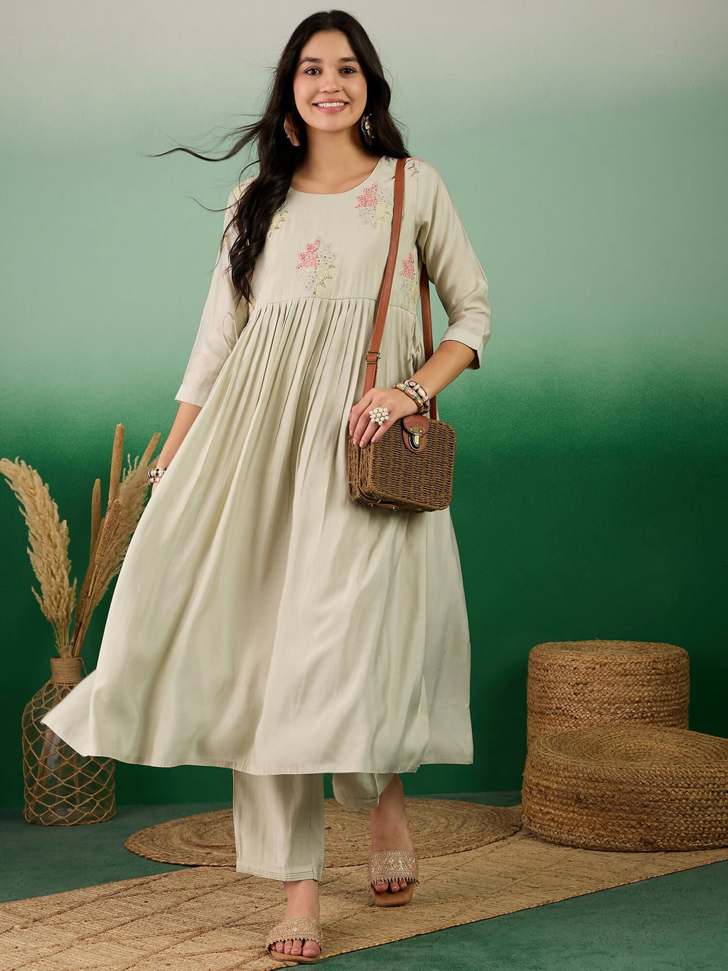 Green Embroidered Muslin Kurta and Trouser - Berlin | Grocsy