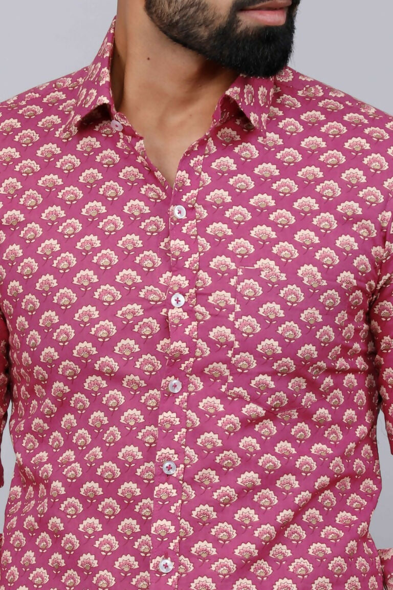 Miravan Men's Pink Regular Fit Floral Printed Cotton Casual Shirt | Grocsy