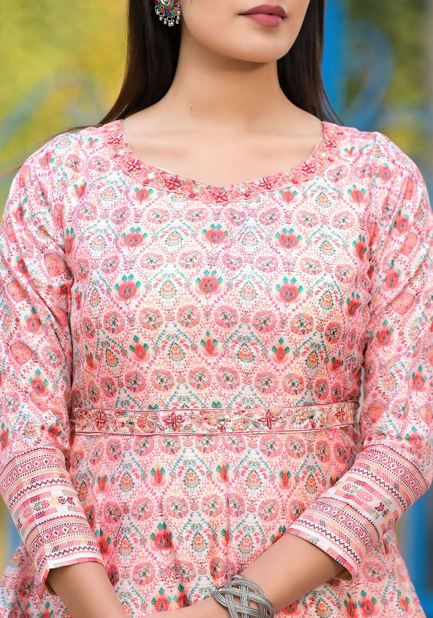 Functional Designer Off White-Light Pink Dola Silk Anarkali suit with Dupatta - Ramya | Grocsy