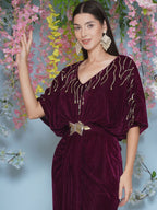 Joban Fashion Wine Hand Embellished Velvet Gown With Belt | Grocsy