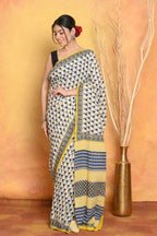 Very Much Indian Handblock Printed Cotton Saree With Natural Dyes - White | Grocsy