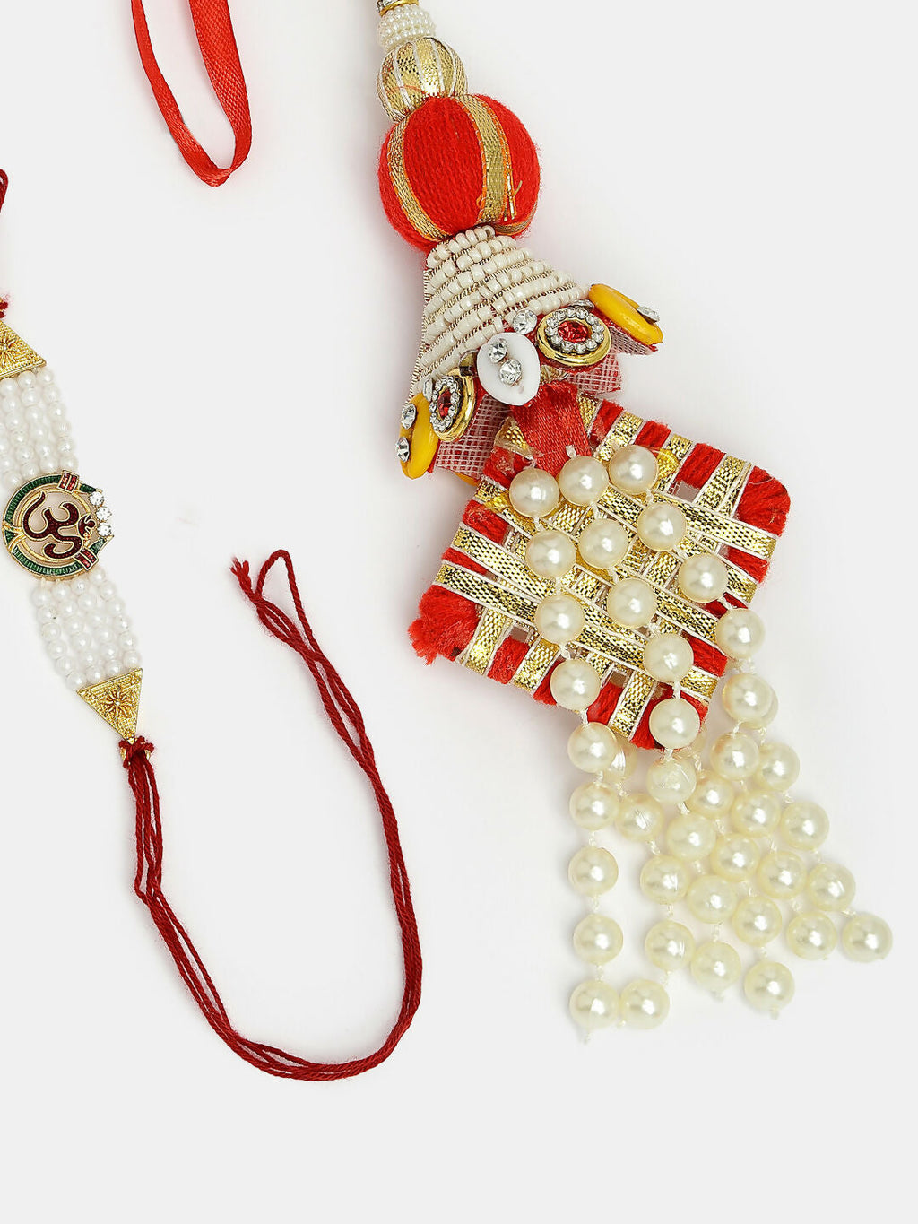 NVR Women & Men Set of 2 White Pearl Bhaiya Bhabhi Rakhi With Roli Chawal | Grocsy
