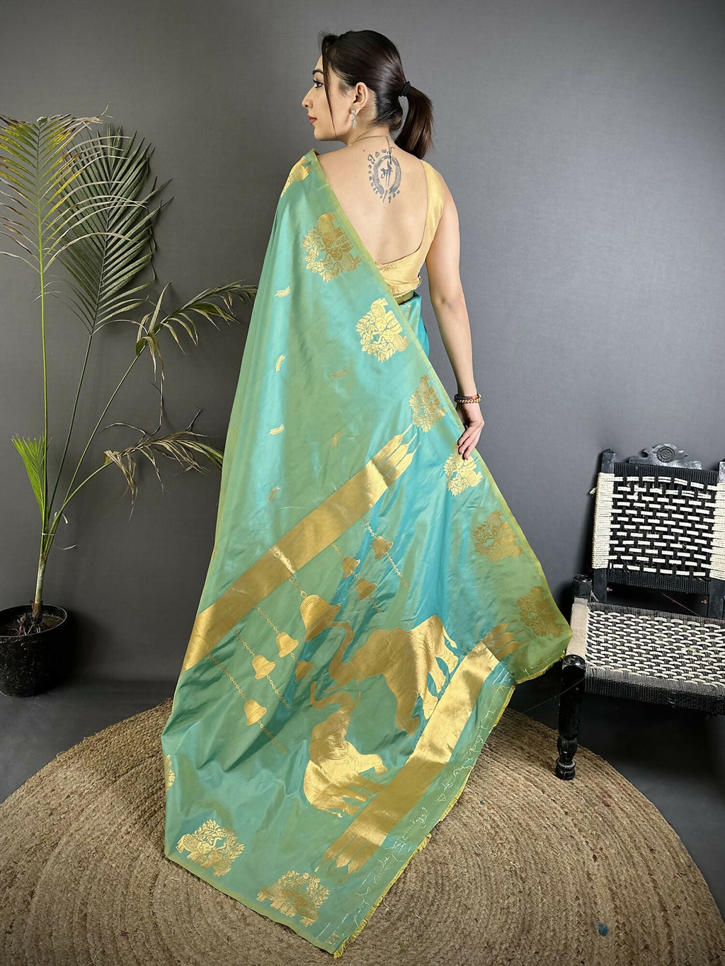 Joban Fashion Sea Green Motifs Zari Weaving Soft Silk Banarasi Saree | Grocsy