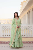 Vastranavya Faux Georgette with Zari & Sequins Embroidery Work Gown with Dupatta - Turquoise | Grocsy