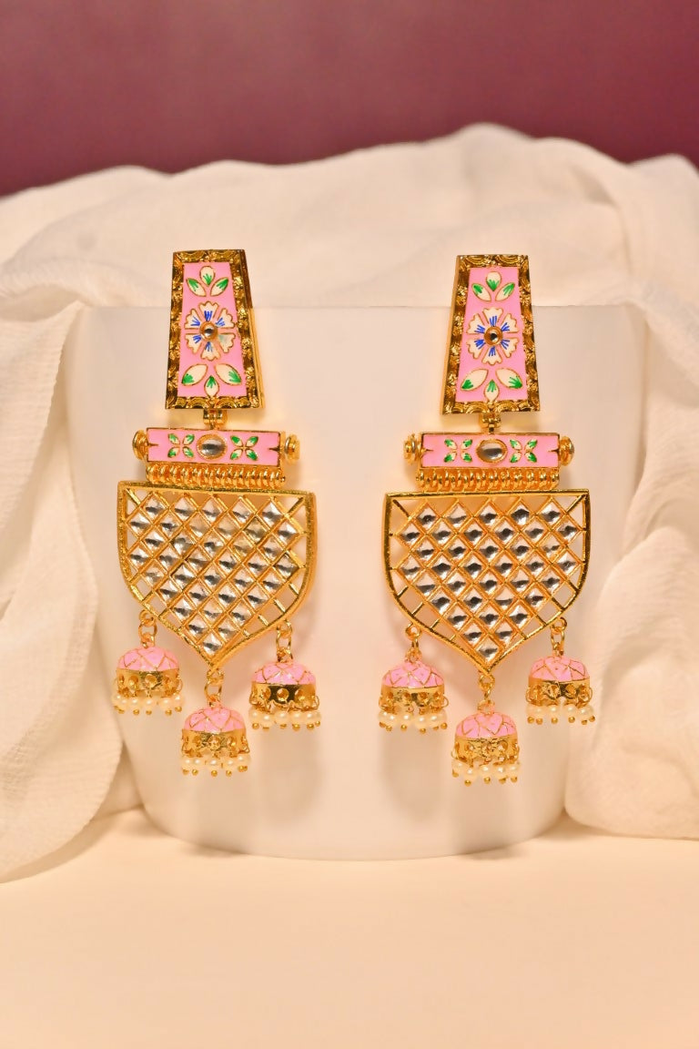 Pink Traditional Gold-Polished Meenakari Jhumka Jhumki Earrings Indian Jewellery For Women Girls By House of Ree - Swadesiicart